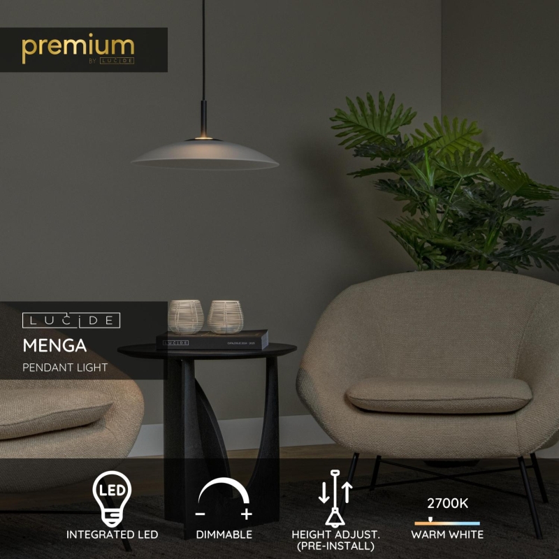 Lucide MENGA - Závesné svietidlo - Ø 40 cm - LED Rozm. - 1x12W 2700K - Opál